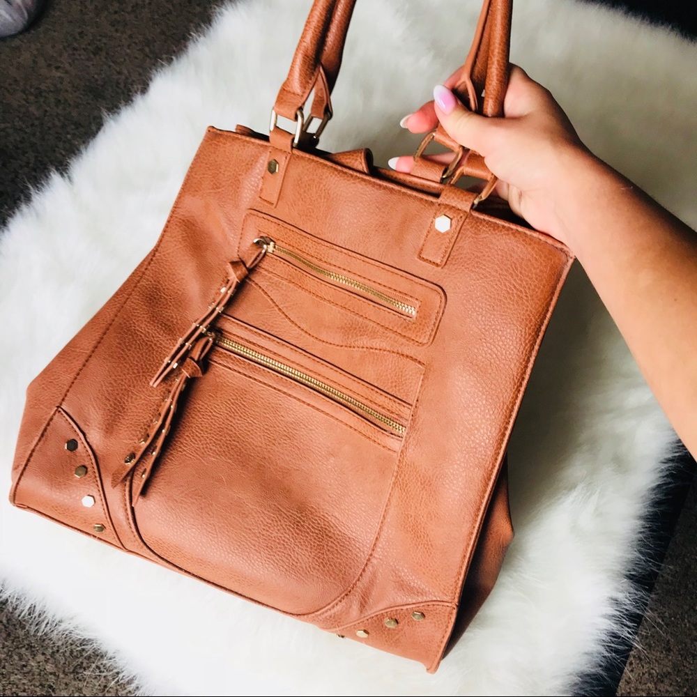 Camel Brown Faux Leather Gold Studded Tote Purse